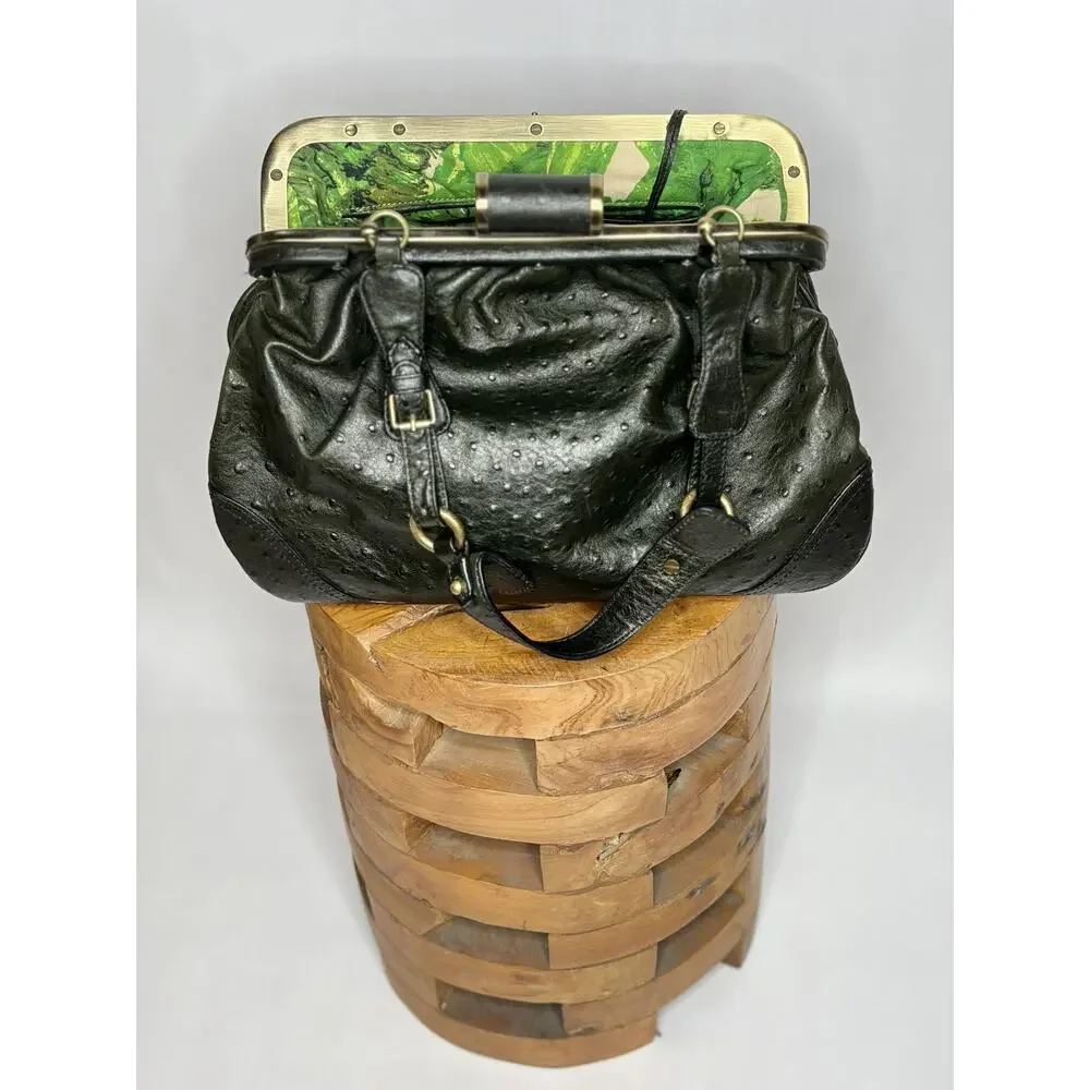 Tracy Reese Ostrich Embossed Leather Doctor‎ Bag Green Frame Satchel Kiss Lock